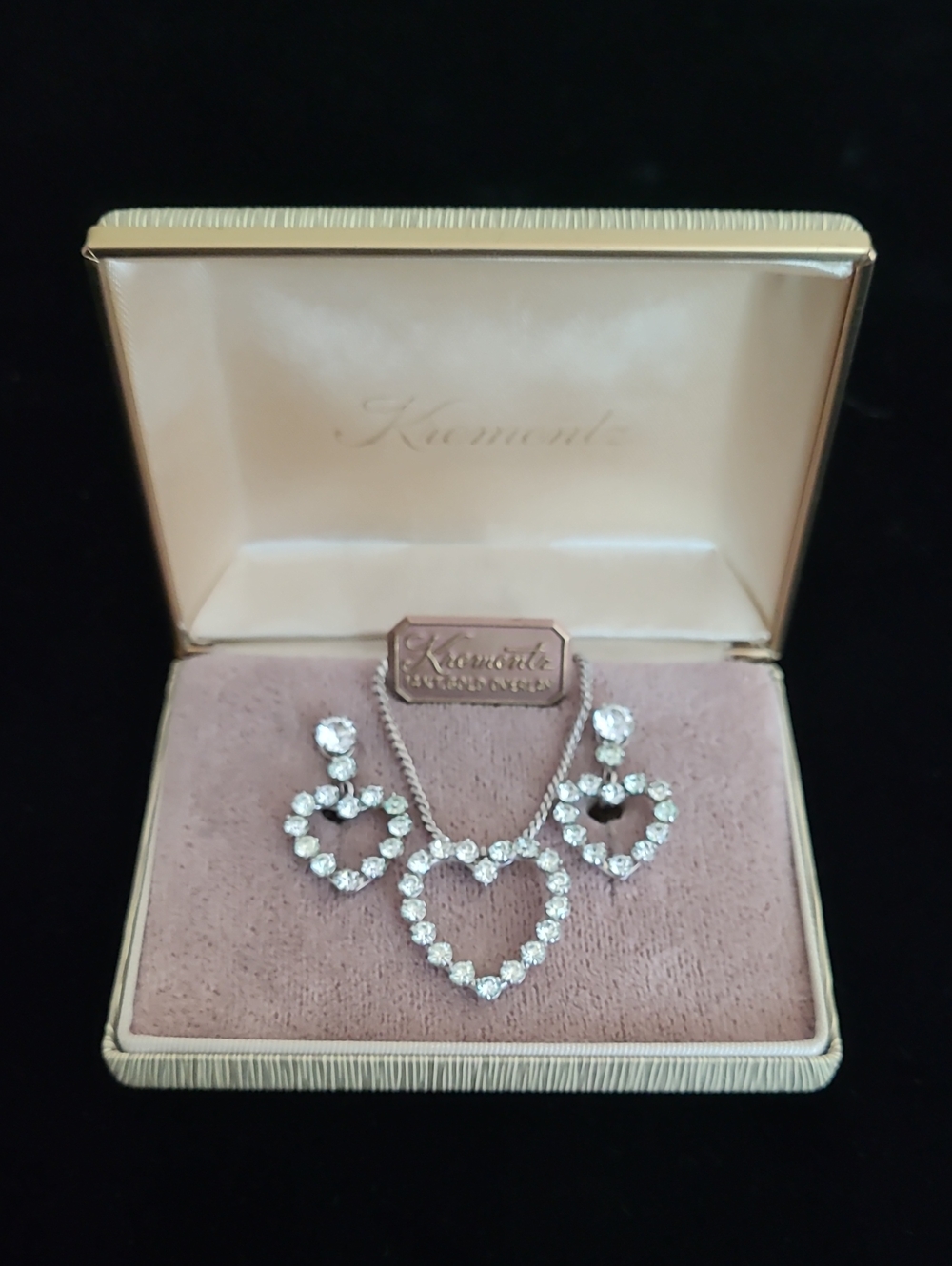 Vintage KREMENTZ 14K White Gold Overlay Crystal Heart Demi Parure IOB